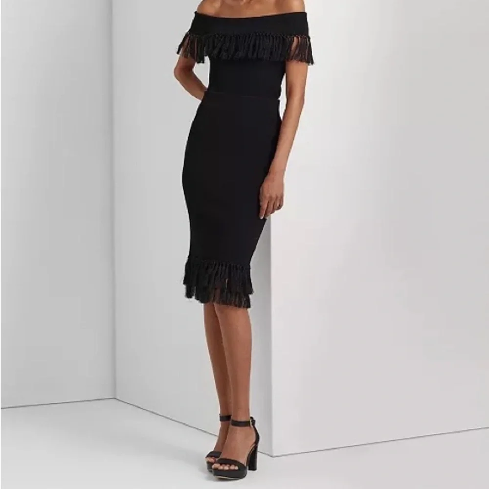 nwt $225 Lauren Ralph Lauren Rib-Knit Pencil Skirt with Fringe-Trim Black Small - Picture 14 of 15